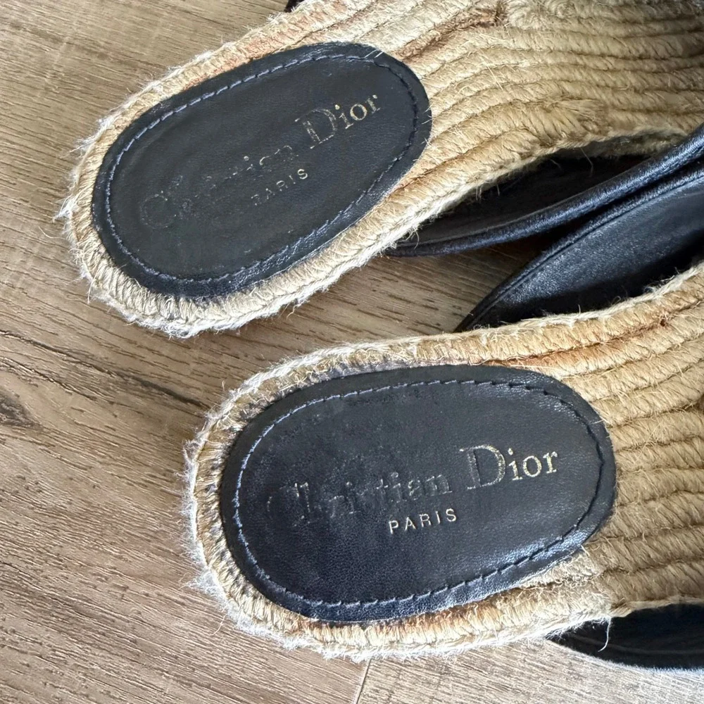Christian Dior D-Way Espadrille Slides Black Canvas Cross Strap Sandals 37.5